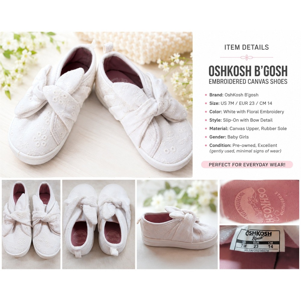 OshKosh Bgosh Baby Girls White Floral Embroidered Bow Slip On‎ Shoes Size 7M